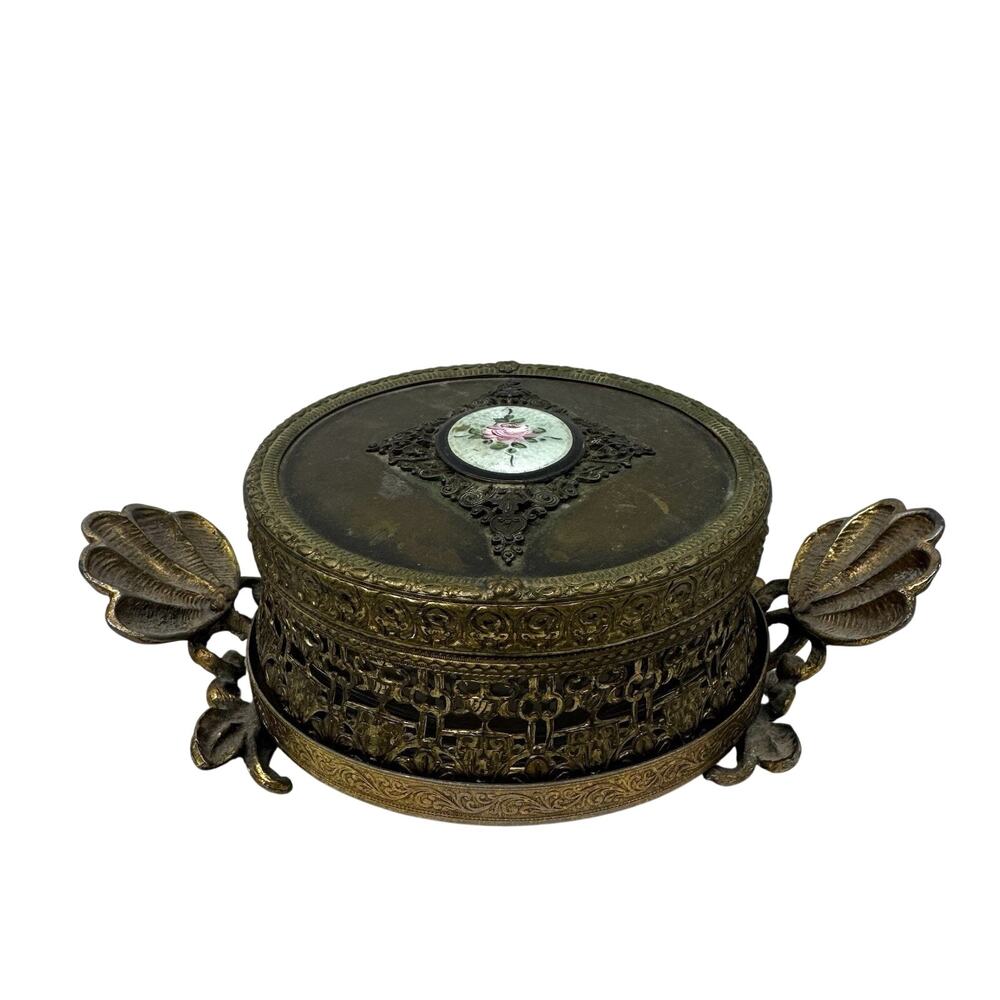 Vintage Ormolu Filigree & Glass Lidded Vanity Box Intricate Removable Pedestal